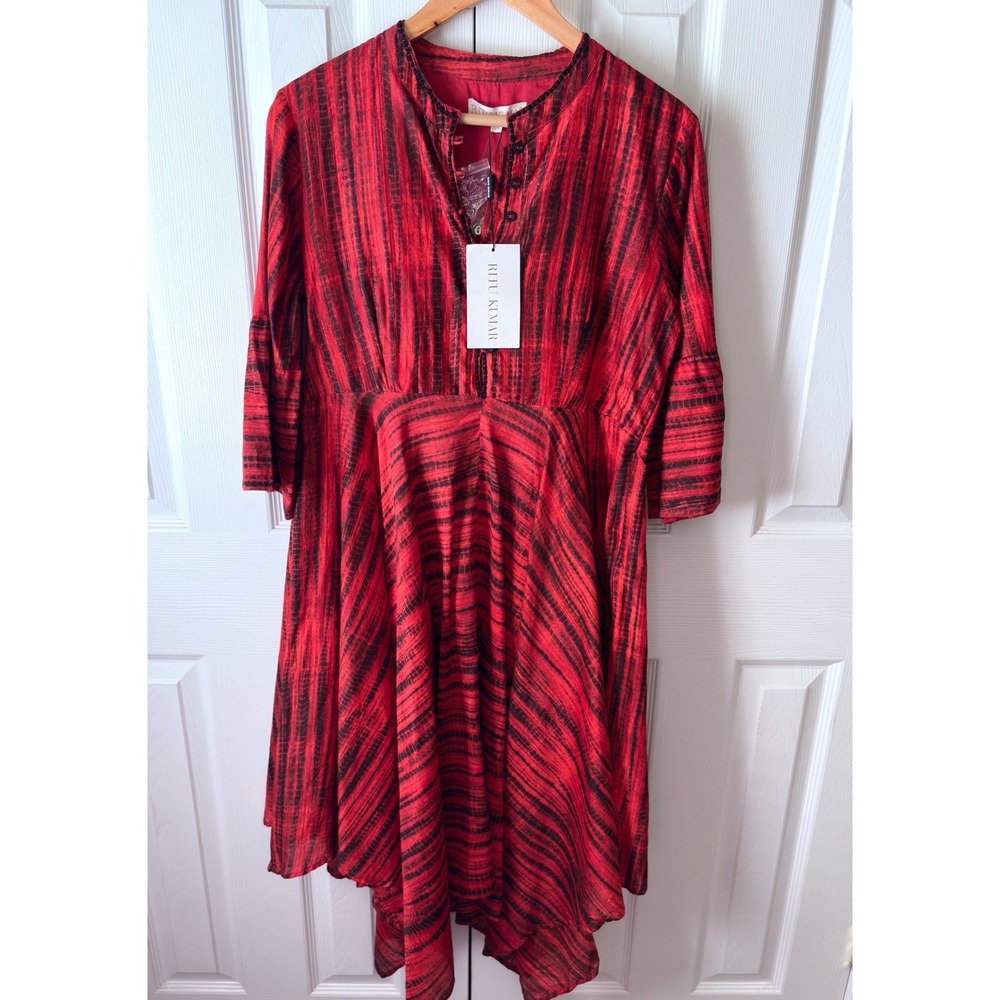 🆕RITU KUMAR Red Black Tie Dye Cotton Silk Handkerchief Hem Midi Dress 38 (8)